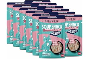 Pets Deli Katzensuppe Rind – Getreidefrei mit Anti-Haarball-Komplex zur Reduzierung von Haarballen – 12 x 40g