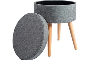 ‎THEO&CLEO Theo&Cleo Hocker mit Stauraum,Sitzhocker Holzbeine,Runder Hoher Schemel,Aufbewahrung Schlafzimmer mit Deckel,Schminktisch Stuhl,Fußhocker für Wohnzimmer,Soft Sitzkissen aus Linen,36cm*36cm*45cm Grau