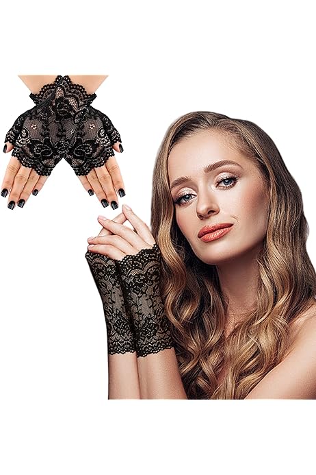 Guanti Lunghi In Pizzo Floreale 50cm | Elasticizzati Per Matrimoni E Feste - Bianco - Foto 5