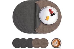 Myir JUN Leather Placemats and Coaster Set of 6, Table Mats Round Waterproof Dual Sided Kitchen Place Mats Coffee Mats Heat Resistant Placemat Non-Slip Washable (set of 6, Grey Coffee)