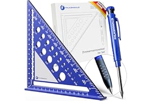 Falkenwald® Equerre Menuisier 180 mm + Crayon Chantier + Surface d'écriture - Avec marqueur pour trous profonds - Outils de Traçage pour charpentier, couvreur, Bricolage Outillage