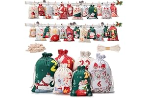KIGNIOTE Calendrier de l'Avent 2024 à Remplir, Sac pour Calendrier de l'Avent, Kit Vide à Faire Soi Meme, 2 Tailles Pochon Tissu pour Enfants, Femmes, Hommes