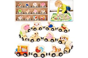 KMTJT Montessori Wooden Train Toy for 1 2 3 Years Old Toddlers | 12 Magnetic Animals Train Kids Box, STEM Educational Toy with Game Map | 1st 2nd Birthday for Boys Girls
