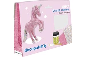 Decopatch KIT009O - Un mini KIT che include un animale in cartapesta bianca, 2 fogli Decopatch, un pennello e un vasetto di colla vernice, Unicorno