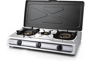 Orbegozo FO 3510 - Réchaud à gaz, corps inox, 2 brûleurs triple couronne et 1 normal, allumage piézoélectrique, usage intérieur et extérieur, gaz butane ou propane