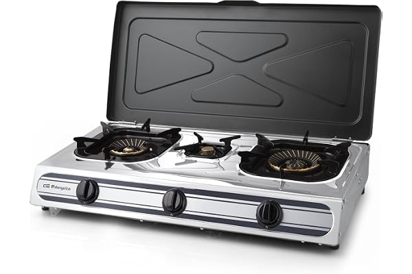 Orbegozo FO 3510 - Réchaud à gaz, corps inox, 2 brûleurs triple couronne et 1 normal, allumage piézoélectrique, usage intérieur et extérieur, gaz butane ou propane