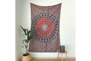 MOMOMUS Tapiz Mandala en Tela Multiuso - Arte Mural 100% Algodón - Ideal como Tapiz de Pared Grande, Tapiz Decorativo de Pared y Fina Manta de Yoga para Meditación - Azul y Rojo, 135 x 210 cm