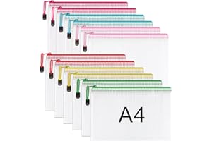 SOEELOB A4 Plastic Zip Wallets - 12PCS A4 Zip Lock Bags Plastic Document Folders Mesh Zipper File Bags Waterproof Travel Storage Pouch for School Office Supplies, Homework, Invoices, Puzzles & Cosmetics