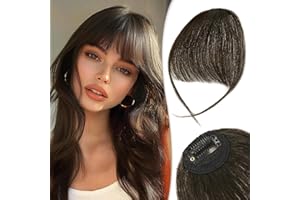 RUWISS Postiche Frange a Clip 100% Cheveux Naturel Humain Wispy Bangs Franges Avec Temples Extension Frange Clip on Bangs pour Femmes(Brun Naturel Foncé)