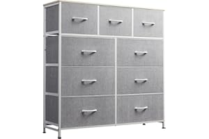 WLIVE Chest of Drawers, 9 Fabric Drawers Cabinet with Easy Pull Handle, Wood Top and Sturdy Steel Frame for Bedroom, Living Room, Light Grey