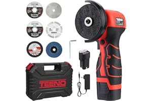 Amoladora Angular Inalámbrica TEENO 19500 RPM, Radial de Batería 76mm con 2 Baterías 2000mAh, Mini Amoladora Profesional + 6 Discos Corte, Kit Completo (Caja Plástica) - Para Esmerilar, Pulir, Cortar