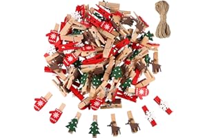 Blulu Lot de 100 Mini Pinces à Linge en Bois de Noël avec 10 mètres de Ficelle de Jute (Arbre de Noël, Flocon de Neige, Renne, Gants)