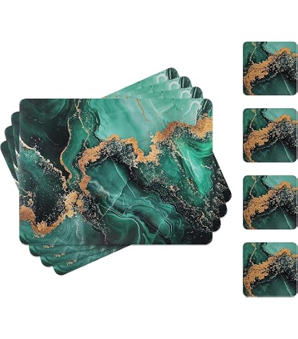 4er Set Tischsets Mit Ginkgo-Blättern – Waschbar, Rutschfest (32x45 Cm), In Petrol & Gold, Landhausstil