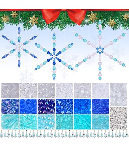 Kit De Perles En Chêne Massif Bleu - Inclut Perles De Cristal, Métal, Verre Et Fil, Pour Créer 6 Décorations De Noël (environ 12.7 Cm)