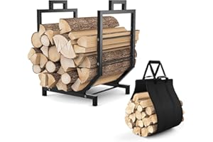 Bomclap Metall Kaminholzregal mit Abnehmbarem Kaminholztasche, Brennholzregal für innen/außen, Kaminholzständer Kaminholzkorb für Lagerfeuer, Camping, 43x33x53cm