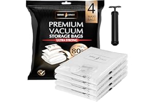 GENIE SPACE - Sacs de rangement sous vide incroyablement résistants et peu encombrants |4 x MAXI (110x90cm) | Étanches et réutilisables | Créez 80% d'espace en plus | Pour vêtements, serviettes, etc