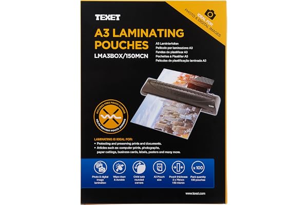Texet Feuilles de plastification A3 75 microns par face, 150µ total, boîte de 100 78229 Transparent