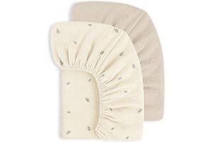 Susurration 100% Algodón Muselina Juego de 2 Sábanas Bajeras Ajustables para Niños para Cuna de Viaje Sábana Bajera Ajustable para Cama Auxiliar 60x120 cm/70x140 cm (Beige Leaf, 60x120cm)