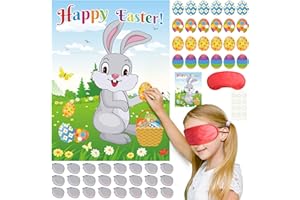 FEPITO Gioco di Pasqua per Bambini, Pin la Coda sul Coniglietto, Pin l'uovo sul Coniglietto con 24 Code, 24 Adesivi per Uova di Pasqua per Decorazioni per Feste pasquali, attività di Caccia alle Uova
