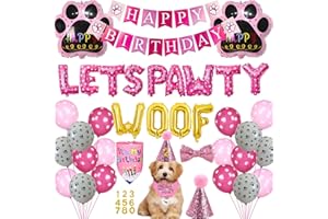 FSADASY Dog Party Decorations Balloons - 38 Pcs Happy Birthday Banner Woof Lets Pawty letter Balloon It's My Birthday Bandana Number Hat Bowtie Cake Toy Pink Puppy Supplies