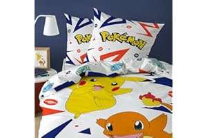CTI Pokemon Pika Parure de Lit Enfant 140x200 cm | 100% Coton | Oeko-TEX | Housse de Couette 1 Personne 140x200 cm + 1 Taie d'oreiller 63x63 cm Imprimées Réversibles | Blanc, Bleu