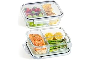 Praknu Matlåda i Glas med 3-fack - Set om 2 Glasbehållare med Lock 1000ml - Lufttät - BPA-fri - Tål Mikrovågsugn, Frys, Ugn &