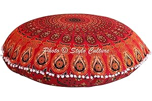 Stylo Culture Ethnisch Dekorativ Rund Bodensitzkissen 80x80 cm Groß Sitzpouf Kissen Mandala Rot Boho Pom Pom Spitze Schöne Sitzkissen Baumwolle Pfauenfeder Rundkissen Orientalisch