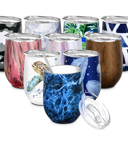 THILY 350 ml roestvrijstalen wijnbeker - vacuüm geïsoleerd wijnglas zonder steel met schuifdeksel en herbruikbaar rietje, houdt dranken warm en koud, perfect voor koffie, cocktails, glitter blauwe