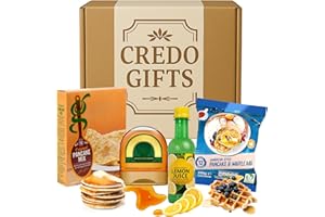 CREDO GIFTS Pancake Making Gift Set Hamper with Golden Syrup 340g, Original Pancake Mix 232g, American Style & Waffle Mix 200g and Lemon Juice 250ml – UK Morning Breakfast or Brunch Food Treat Box