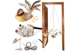 Suhaco Cat Toys for Indoor Cats Automatic Chirping Bird & Mouse Kitty Toys Set Door Hanging Interactive Feather Kitten Toys Lifelike Squeaky Bird Kitty Exercise Toys for Boredom (2 Pack)