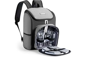 VONHAUS VonShef Picnic Backpack, 2 Person Grey Picnic Hamper with Dining & Cutlery Set & Cooler Compartment, Lightweight Water Resistant Cool Bag, Insulated Camping Accessories
