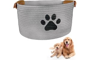 Jonuin Dog Toy Basket, 34 x 24 x 21cm Dog Toy Box, Cotton Rope Basket with Handle, Dog Baskets for Organizing Pet Puppy Cat Toys, Dog Toys Storage Bin for Living Room Bathroom (Grey)