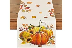 EWLPI 1Pcs Autumn Table Runner,33*183CM Autumn Table Decorations Maple Leaf Pumkin Sunflower Print Linen Table Runners Seasonal Fall-Autumn Decor Kitchen Dining Table Decoration for Autumn-Home Party Decor
