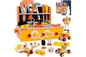 KIDWILL Wooden Tool Bench for Kids, 54pcs Pretend Play Construction Toys 2-In-1 Workbench & Take-Along Tool Kit STEM Educational Tool Box Play Set Gift for Boys Girls Aged 3+ Years