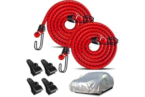 Hlogree 2PCS Car Cover Gust Straps Wind Protector,Bungee Cords Hook Clips Kit Hold Tarp Tie Down from Blowing Off in High Winds-Universal Fit for Most Cars,Sedans,SUVs,Trucks,Vans and More-Red