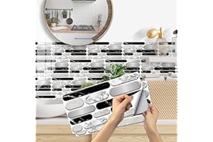 AMOYUN Pegatinas de Baldosas, Adhesivo de Pared Azulejos Adhesivo de Pared PVC Decorativos Adhesivos para Cocina y Baño Ladrillos pared Gris 15 x 30 cm (12 Piezas)