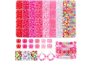 XOYTN 1280Pcs Pink Pony Beads Kit，6x9mm Plastic Pony Bead with Letter Beads for Weave Hair Braids DIY Crafts Bracelet Necklaces Jewelry Making