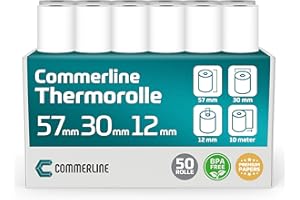 ‎COMMERLINE Commerline Thermorollen 57mm x 30mm x 12mm, 10 Meter, 50 Rolle, Ec rollen, Bonrollen Ec gerät, Thermopapier, Kassenrollen