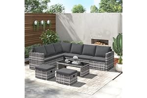 KAYAN Grey Rattan Garden Furniture Set, Outdoor Patio Corner Sofa Set Garden Entertaining Set Garden Rattan Furniture Lounge Set (8 Seater - A)