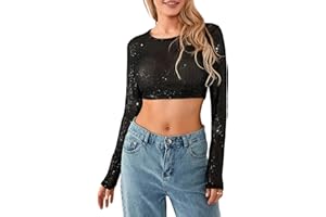 FYLOVERY Women Full Sequin Long Sleeve Cropped Tops Sparkle Glitter Round Neck Show Navel Bodysuit T-Shirt Blouses E-Girl Streetwear Clubwear