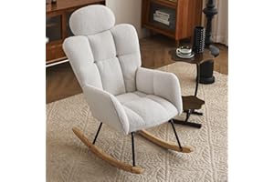 DEKKETO Nursing Rocking Chairs with Headrest, Comfy Reading Chair for Adults, Wooden Teddy Armchairs for Living Room Bedroom, Ivory