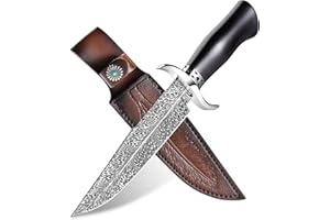 Japaknives Cuchillo para exteriores, cuchillo de caza con mango de ébano y patrón de plumas, cuchillo de supervivencia de hoja fija de acero D2 con funda para cinturón para camping, bushcraft