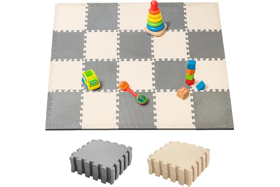YORKING 20Pcs Foam Baby Play Mats 30x30x1cm EVA Baby Floor Tiles Thick Soft Floor Interlocking Mat Waterproof High-Resilience Foam Floor Puzzle Mat for Children's Play and Crawl (Grey and Rice-White)