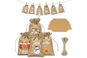 jijAcraft 13 x 18 cm Calendario dell'Avvento natalizio: 24 sacchetti regalo di Natale con ciondoli di abete e filo di iuta per calendario dell'Avvento, decorazione dell'albero di Natale