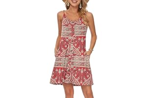 WNEEDU Vestido Mujer Verano Playa Correa Vestidos Corto Cuello en V Casual con Bolsillos