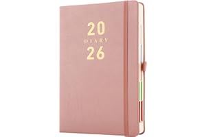 Mljtoyo 2026 Diary Planner A5,Daily Organizer Planner 2026 Page a Day,Colour Side Tabs, Hardcover Full page Diary,Pen Holder,Rose Gold