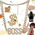 6 pezzi Accessori Rapper Costume,Kit di Costumi Hip Hop Costumi,Rapper Hip Hop Cappello,Segno del Dollaro Bracciale Anello in Oro,Occhiali,Gonfiabile Boom Box,Per Feste Per Cosplay Di Carnevale