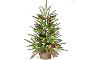 Choinka mini sztuczna 60cm z oświetleniem, gałązki z czerwonymi jagodami, Beinhome mała jodła stołowa, dekoracja świąteczna, mini choinka na Adwent Dekoracja świąteczna Prezenty świąteczne do wnętrz