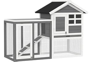 PawHut Gabbia per Conigli, Porcellini d'India e Roditori, Conigliera da Esterno in Legno di Abete con Casetta, Vassoio e Rampa, 123.5x62.6x92.5 cm, Grigio e Bianco