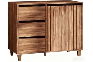 ‎LAMTOR Lamtor Sideboard Buffetschrank mit Stauraum - Geriffelter Holzschrank mit 2 Türen & 3 Schubladen, Brauner Aufbewahrungsschrank für die Küche, Wohnzimmer, Flur